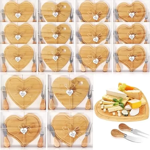 Nuogo 16 Set Bamboo Cheese Board Wedding Bridal Shower Party Favors Cheese Knives Set with Thank You Tags Wooden Board Gifts for Guests Valentine Bridal Birthday Party(Heart)