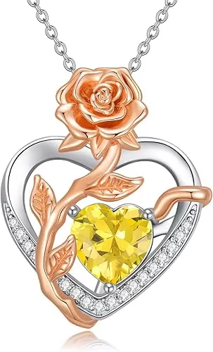 OCJ Birthstone Necklace for Women 925 Sterling Silver Rose Flower Heart Pendant Necklaces Anniversary Jewelry Birthday Gifts for Her Wife Girlfriend