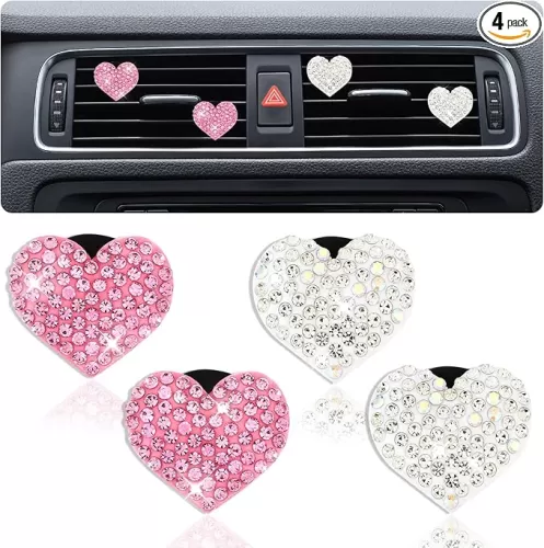 Ouligay 4Pcs Car Air Vent Clip Bling Car Air Freshener Outlet Clip Crystal Heart Shape Decorative for Women