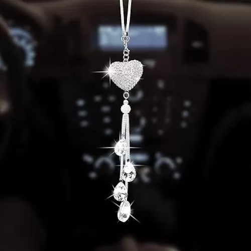 PAGOW Bling Heart Rhinestones Hanging Charm for Rear View Mirror, Silver Crystal Diamond Auto Interior Ornament Pendant Car Accessories Valentines Luxury Decor for Women Men