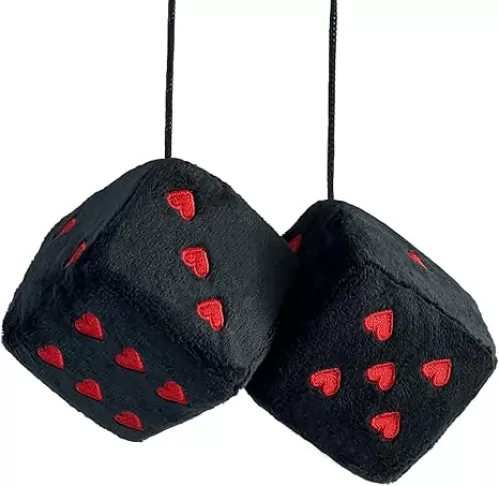Pair 3” Fuzzy Plush Dice Heart Shape Decor for Car Rearview Mirror, Retro Square Decoration Dice for Car Hanging Accessories (Black-Red)