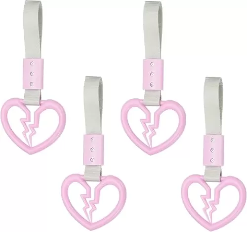 PATIKIL 4Pcs Broken Heart Shaped Car Handle Straps, Car Hanging Accessories Bumper Warning Ring Drift Charm for Auto Bus Decor Interior Exterior Decoration, Pink