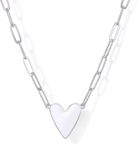 PAVOI 14K Gold Plated Heart Enamel Pendant Necklace for Women | Love Paperclip Chain Necklaces | Blue Pink Purple White Enamel Heart Pendants