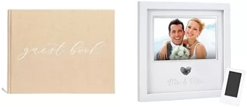 Pearhead Wedding Keepsake Essentials Bundle - Linen Guest Book & Heart Thumbprint Photo Frame
