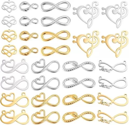 PH PandaHall 32pcs 8 Styles 304 Stainless Steel Infinity Connector Charms Heart Symbol Charm, Silver Gold Infinity Love Links Jewelry Connector for Bracelets Necklaces Jewelry Making