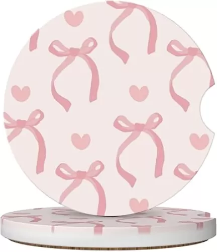 Pink Bow Love Heart Car Cup Holder Coaster 2 Pack Absorbent Ceramic Car Coasters for Cup Holders Car Accessories Interior for Women Men Universal Anti Slip Cork Base Cup Coasters with Finger Notch