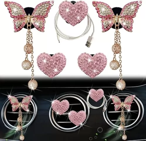 Pink Heart & Butterfly Air Vent Clips, 4 Pcs Bling Heart & Butterfly Air Fresheners Vents Clips Diamond Car Interior Decor Bling Cute Pink Car Accessories Decoration for Women + Heart Mask Hook