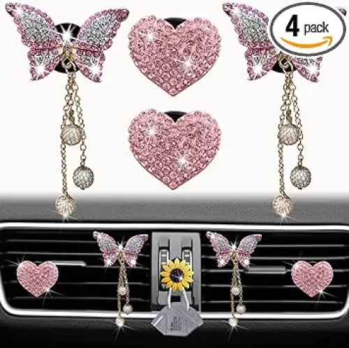 Pink Heart & Butterfly Pandent Air Vent Clips, 4 Pcs Bling Heart Air Fresheners Vents Clips Diamond Car Interior Decor Bling Cute Car Accessories + Sunflower Mask Hook