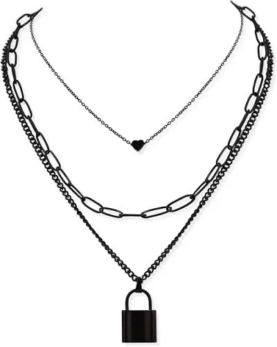 Sacina Gothic Silver-Tone, Black Layered Heart Lock Necklace, Emo Grunge Punk Necklace, Goth Jewelry, Halloween Christmas Jewelry Gift For Women
