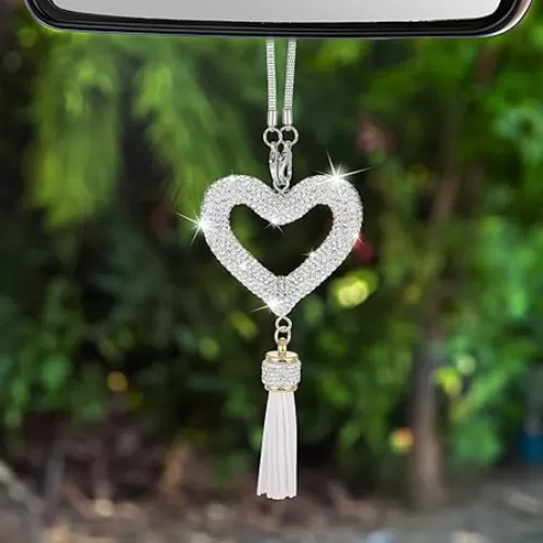 Silver Bling Heart Car Mirror Hanging Accessories, Rhinestone Rear View Mirror Accessories with Tassel, Crystal Sparkly Car Heart Charm for Women