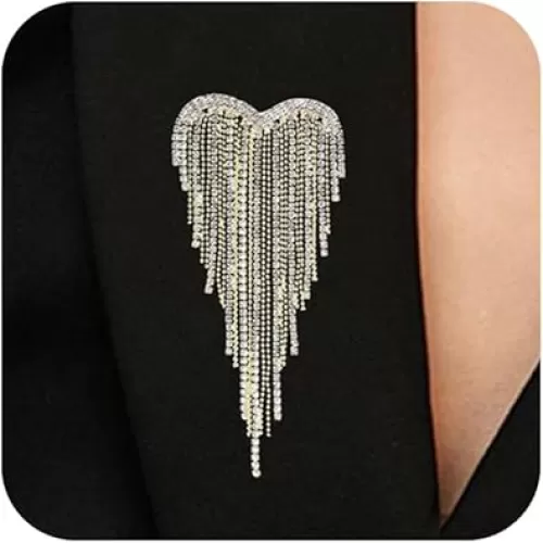 Silver Rhinestone Heart Brooch Pin for Women Sparkly Crystal Tassel Brooches Love Shaped Large Statement Lapel Pins Shiny Gold Graduation Jewelry