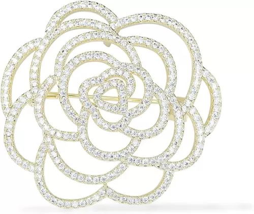Sparkling Crystal Cut Rose Flower Pave Crystal Camellia Boutonniere Pin Brooch Corsage Blooming Heart Shaped Floral Jewelry for Women