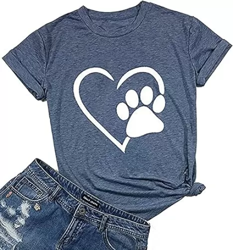 Susongeth Dog Paw Love Heart Print T-Shirt for Women Short Sleeve Dog Mom Graphic Tees Tops Mother