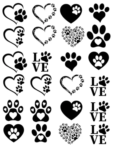 Temporary Dog Tattoo Symbols, Paws Hearts and LOVE