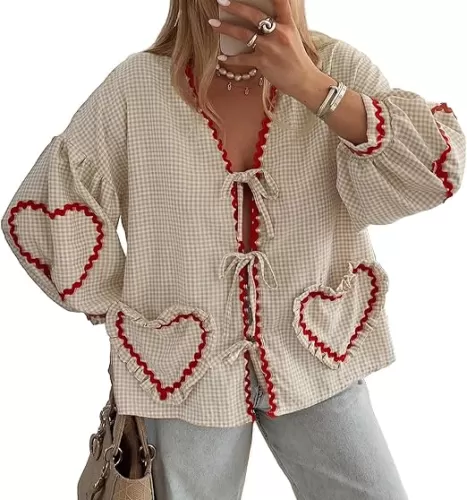 Tie Front Tops for Women Gingham Babydoll Bow Top Puff Sleeve Coquette Tops Heart Long Sleeve Cute Spring Tops