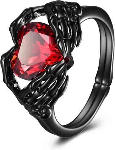 TIGER RIDER Claddagh Ring Sterling Silver Skull Hand Heart Ruby Punk Emo Rings Goth Jewelry Gifts for Women Birthday Halloween
