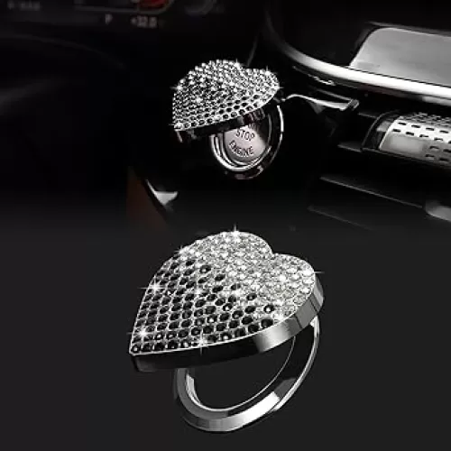 TOMALL Bling Car Engine Start Button Cover Diamond Interior Crystal Push Start Button Ring Cap Sparkly Accessory Heart Bling Ignition Button Rhinestone Engine Ring Universal for Car (White&Black)