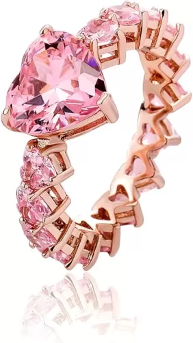 TOPGRILLZ Pink Heart Baguette Rings 14K Gold Silver Plated 5A+ Cubic Zirconia Iced Out Bling Promise Wedding Band Love Rings For Women Fashion