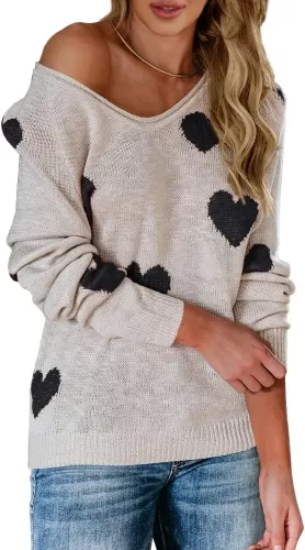Tutorutor Womens Cute Love Heart Print Sweaters Oversized Off The Shoulder Loose Knitted Valentine Pullover Blouse Top