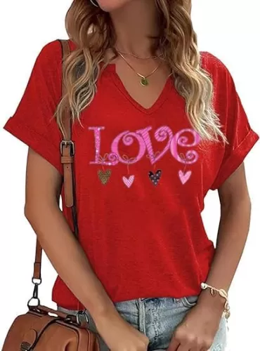 V-Neck Shirts for Women Cute Love Heart Graphic Valentine