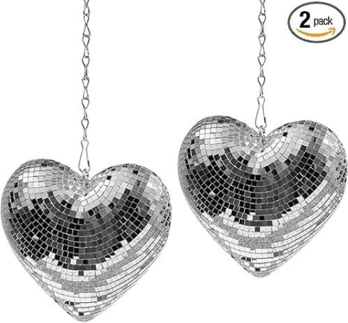 Valentines-Day Gift Heart Shaped Disco-Ball - 2 Pack Mirror Disco Balls for Valentines Day Gift Party Reflective Decor for Table, Desk, Room, Home, Bar, Hanging Disco Decor Retro Silver (6 inch)