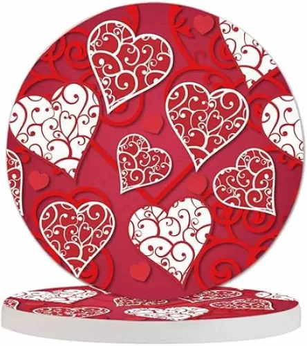 Valentines Hearts Cup Coasters for Table Red Love Symbol Patch Work Presents Reusable Drink Coasters Set 2 Pcs Coffee Home Farmhouse Living Room Bar Decor