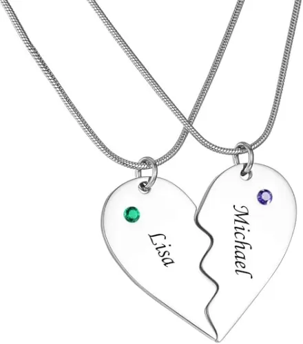 Valyria Stainless Steel Personalized Key Heart Puzzle Necklace Set with Birthstones - Custom Made with Any Name
