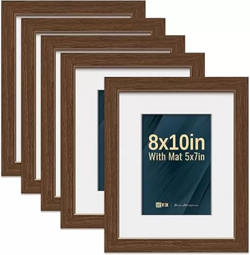VCK 8x10 Picture Frame 5 Pack - Brown, High-End Wood Poster Frames with Tempered Glass, Display 5x7 Photo with Mat or 8x10 without Mat, Art Gallery-Quality, Wall Hanging/Tabletop, Brown