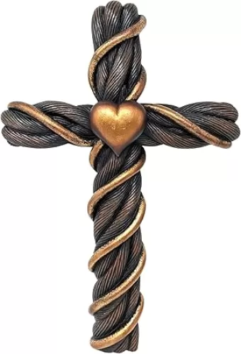 Wall Cross with Golden Heart & Spiral Rope Wires - Premium Resin Wall Art - Elegant Spiritual & Religious Home Decor for Living Room, Bedroom, Office and Prayer Room - Inspirational Symbol of Love and Faith