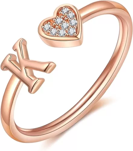 WFYOU Heart Initial Ring for Women Silver Rose Gold Plated Heart Capital Letter Initial Ring Stackable Rings for Women Adjustable Alphabet Letter Rings Jewelry Gifts
