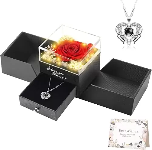 WOKEISE Lighted Preserved Real Rose Flowers with I Love You Heart Necklace, Anniversary Birthday Gifts for Women Girlfriend Wife Mom Grandma, Valentines Mothers Day, Red