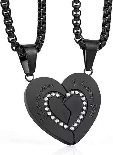 Wolentty Couple Matching Necklaces Broken Heart Pendants Inlaid Zirconic Stone Jewelry Gift for Valentine