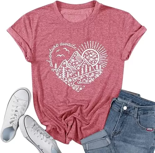Women Adventure Awaits Outdoor Graphic Tee Shirt Kindness Heart Printed Hike Mountain Nature Travel Shirt Workout Tops