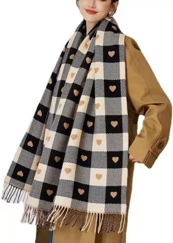 Women Cute Heart Graphic Plaid Scarf Long Large Oversized Shawl Scarf Soft Checkered Wrap Scarves for Valentine's Day