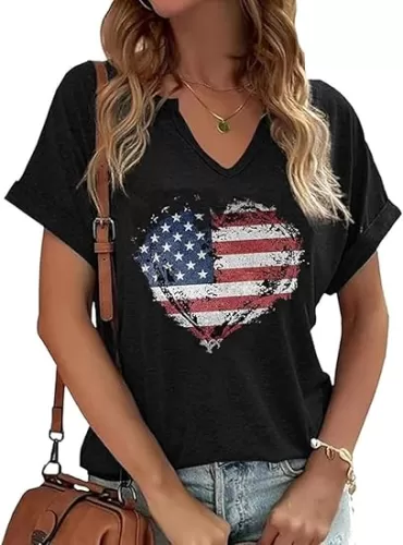 Womens 4th of July Funny Popsicle Graphic Tees American Flag Heart Patriotic V Neck T-Shirt Here for The Boom Short Sleeve