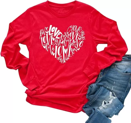Womens Love Heart Raglans T-Shirts Casual Long Sleeve Valentine