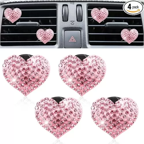 Xindojuz 4 PCS Bling Heart Vent Clips for Car, Crystal Heart Air Freshener Vent Clips Diamond Cute Rhinestone Car Interior Decor Pandent Cars Accessories for Women Girls (Pink)