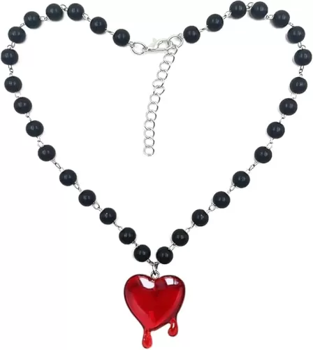 Y2k Dropping Blood Heart Necklace Gothic Red Heart Pendent Black Beaded Heart Necklace for Women