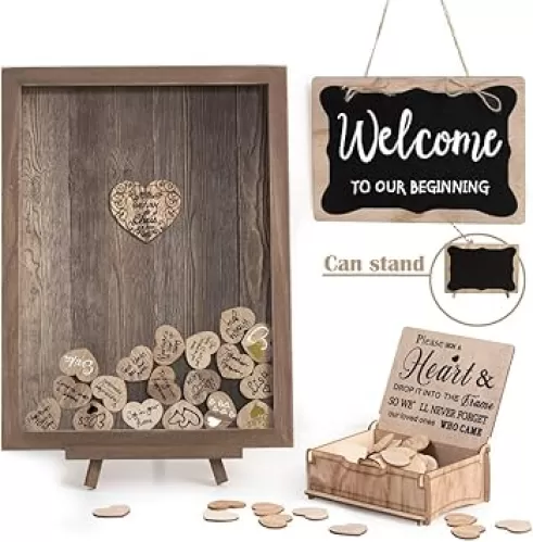 Y&K Homish Wedding Guest Book Personalized Alternative, Drop Top Frame Sign Book with 80pcs Wooden Hearts, Rustic Wedding Decorations and Baby Shower (Brown)