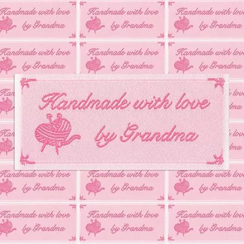 Ysleen 20 Labels, Handmade with Love by Grandma Grandmother Granny Heart Symbol Woven Ribbon Tag Iron on Embroidered Garment Fabric Labels for Clothes Sewing for Clothing Crafts (Pink)