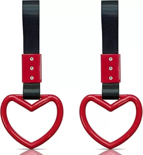 yuntop 2 Pieces Heart-shaped Jdm Tsurikawa Rings SUV Bus Car Handle Straps Japanese Bosozoku Subway Ring for Car Warning and Interior Exterior Decoration (Red/Black)