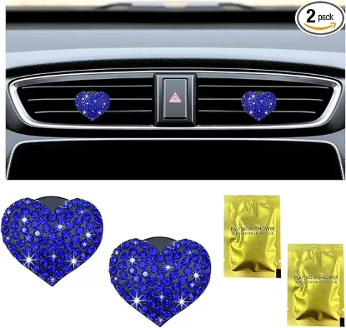 Ziciner 2PCS Bling Heart Car Air Vent Clips Charms, Heart Shaped Crystal Air Freshener Vent Clips, Rhinestone Air Conditioning Outlet Clip, Car Decor Accessories for Women Girls (Dark Blue)