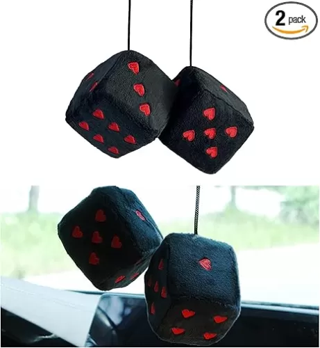 Ziciner Pair Fuzzy Plush Dice for Car Mirror, 3'' Retro Square Dice with Heart-Shape, Universal Auto Rearview Mirror Hanging Ornament Decoration, Car Accessories for Women (Black&Red)