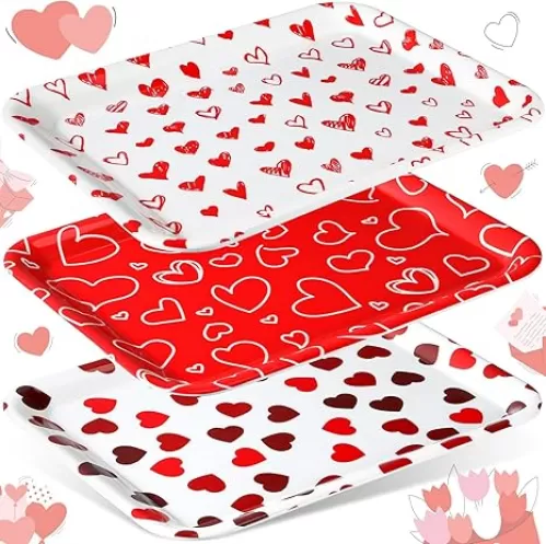 Zubebe 3 Pcs 13 x 10 Inch Valentine's Day Serving Trays Heart Decorative Platter Reusable Valentine Party Decorations for Valentine Celebration Party Serving Food Snacks Cookies Dessert