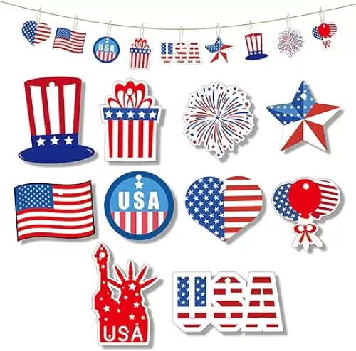 10Pcs Independence Day Hanging Ornaments American Flag Hanging Decoration 4th of July Tree Decorations Red White Blue Heart Balloon Star Ornament Memorial Day Star Pendant for Holiday Party Supplies