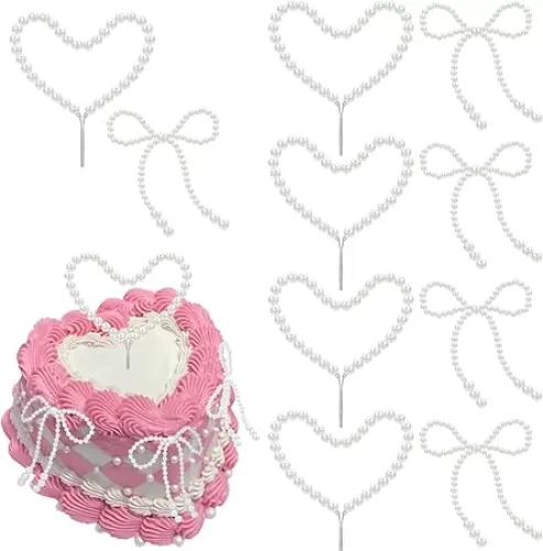 10Pcs White Pearl Bow Cake Toppers Heart Shaped Cupcake Decorations Bouquet Accessories for Wedding, Birthday, Baby Shower, Valentines Day Party Supplies (10pcs(5pcs Hearts+5pcs Bows))