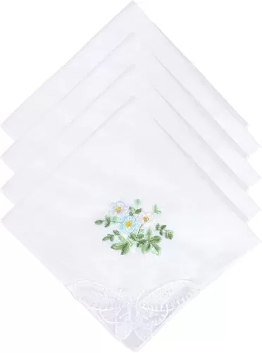 11" Embroidered Lace Cotton Handkerchiefs for Women, White Elegant Floral Ladies Hankies with Lace Edge