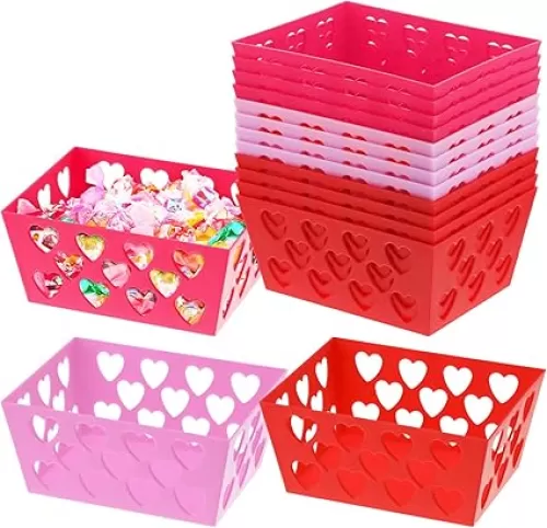 12 Pcs Pink and Red Valentine's Day Baskets, 5.51 x 4.33 x 2.44 Small Heart Hollowed Plastic Baskets Bulk Empty Love Gift Container Storage Bins for Home Party Favor Wedding Valentine's Day