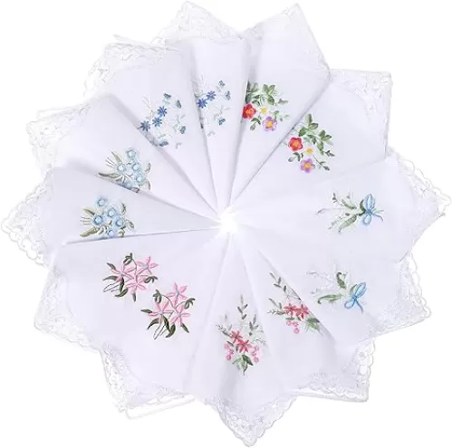 12Pcs Women's Cotton Handkerchiefs Flower Embroidered with Lace Ladies Hankies for Women Wedding Party