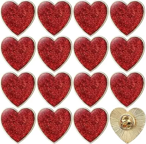 16 Pcs Heart Pin Valentine Enamel Lapel Pins Red Glitter Lapel Pins Valentine Love Heart Brooch Pin Bulk for Women Costume Wedding Party Accessory Gifts